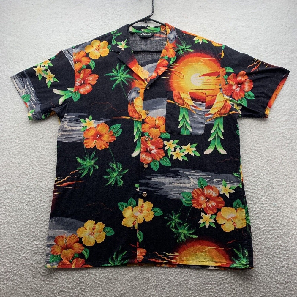 VTG Hutspah Hawaiian Shirt Mens Large USA Black Floral Sunset DadBeach Tropical